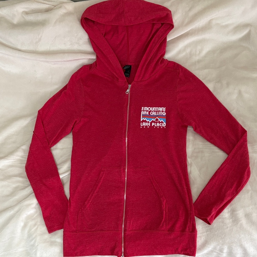 Lake Placid the mountains are calling Red Zip-Up Hoodie Thin Long Sleeve Pockets